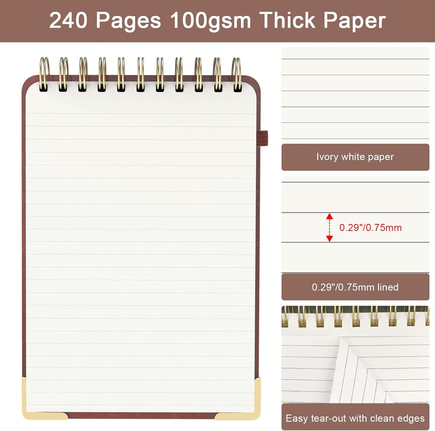 A5 Top Spiral Notebook, Large Leather Hardcover Top Bound Steno Pads, 240 Pages 100 gsm Thick Lined Paper Left Handed Notebook Journal for Work, School, Meeting Writing - Brown, 5.9" x 8.5"