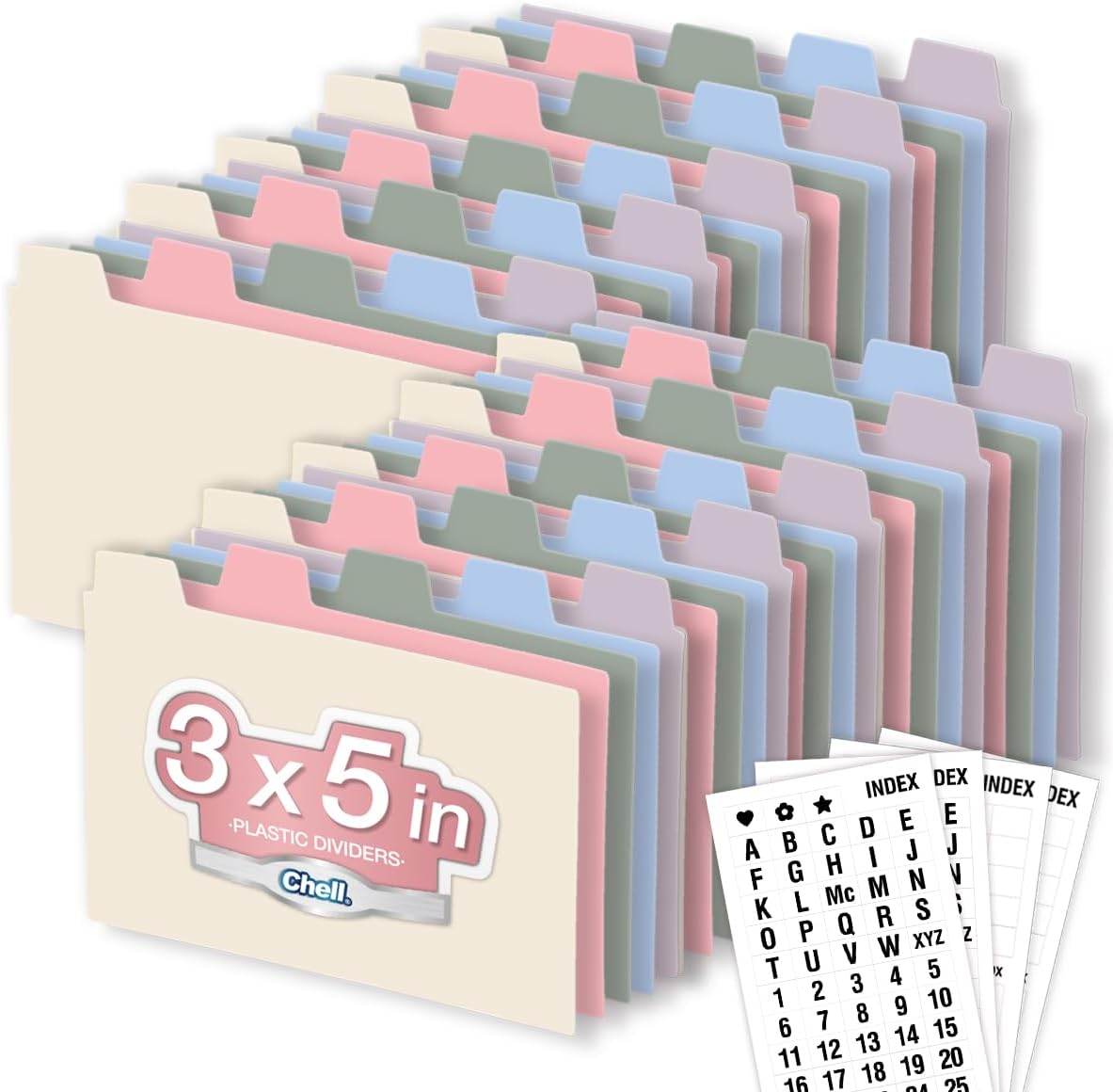 Chell 3x5 Plastic Index Card Dividers, Morandi Colors, Heavyweight Poly Index Card Guides A-Z, with Alphabetical/Blank Stickers, Pack of 25