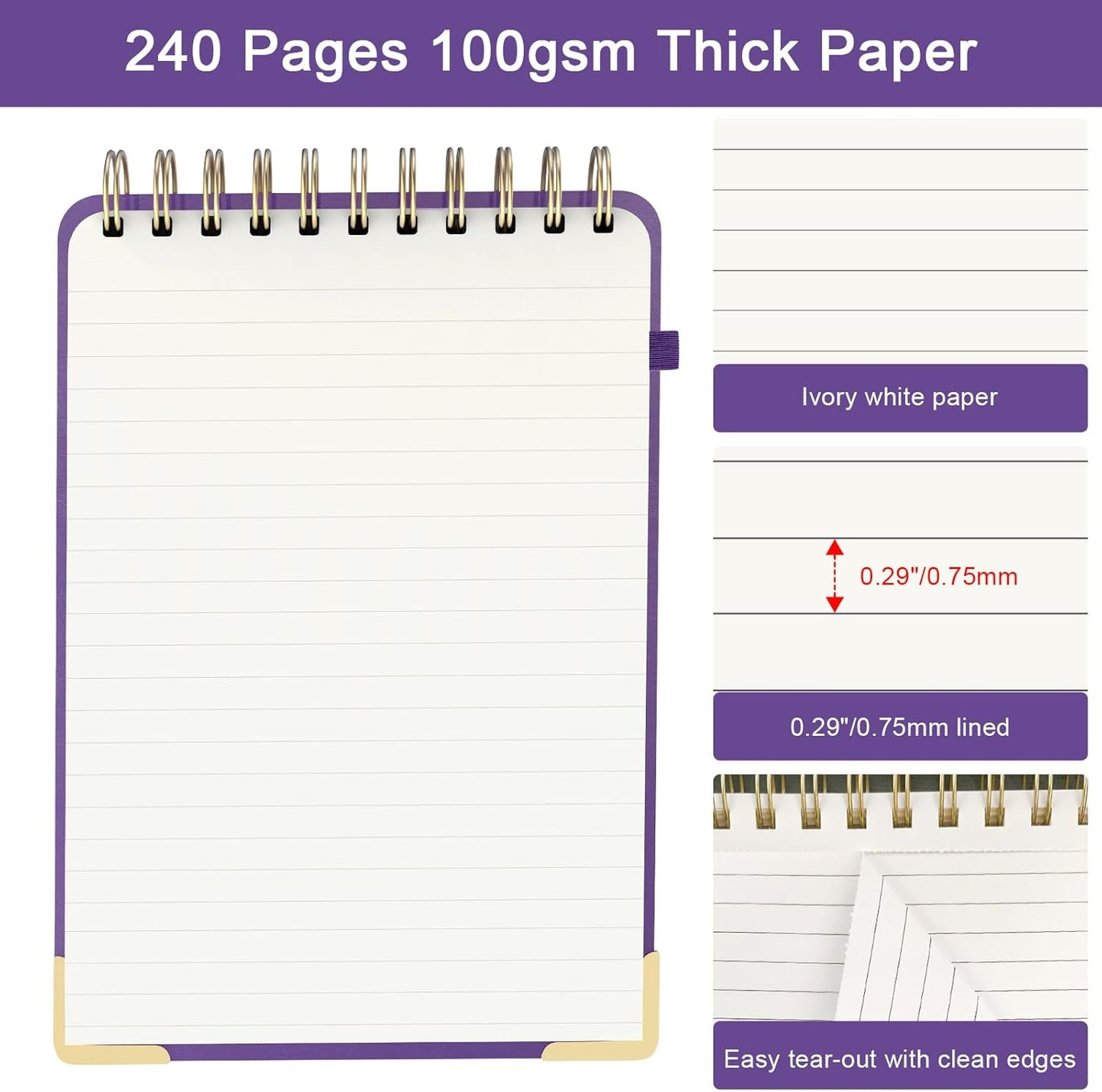 A5 Top Spiral Notebook, Large Leather Hardcover Top Bound Steno Pads, 240 Pages 100 gsm Thick Lined Paper Left Handed Notebook Journal for Work, School, Meeting Writing - Brown, 5.9" x 8.5"
