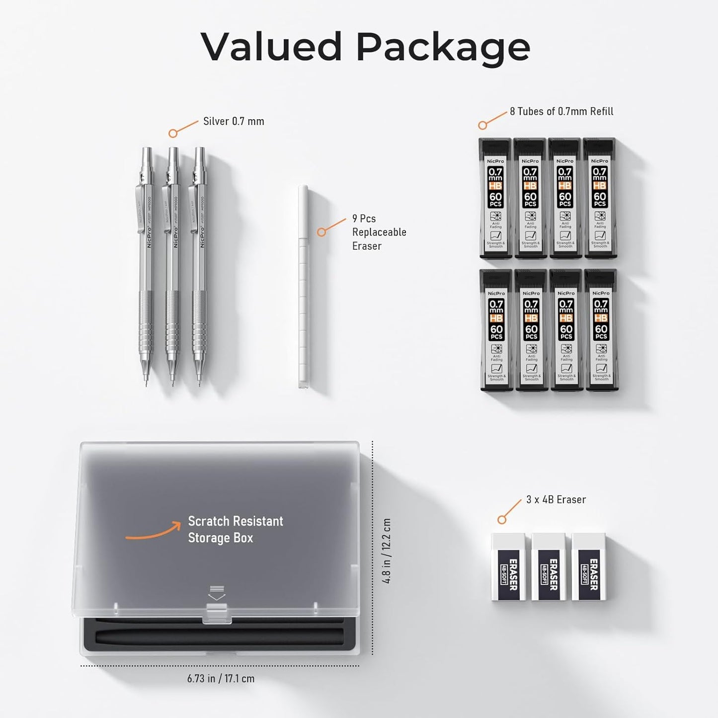 Nicpro 0.5 mm Mechanical Pencils Set with Case, 3 Metal Artist Pencil With 480PCS HB Lead Refills, 3 Erasers,9 Eraser Refills For Architect Art Writing Drafting, Drawing, Engineering, Sketching, Black