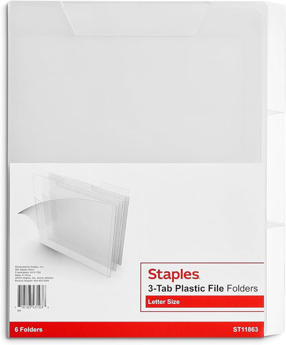 Staples Translucent Poly File Folders, Letter Size, Clear Durable Plastic, 6/Pack