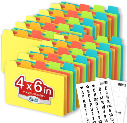 Chell 4x6 Plastic Index Card Dividers, Heavyweight Poly Index Card Guides A-Z for Flash Cards and Recipe Cards, with Alphabetical/Blank Stickers, Pack of 25