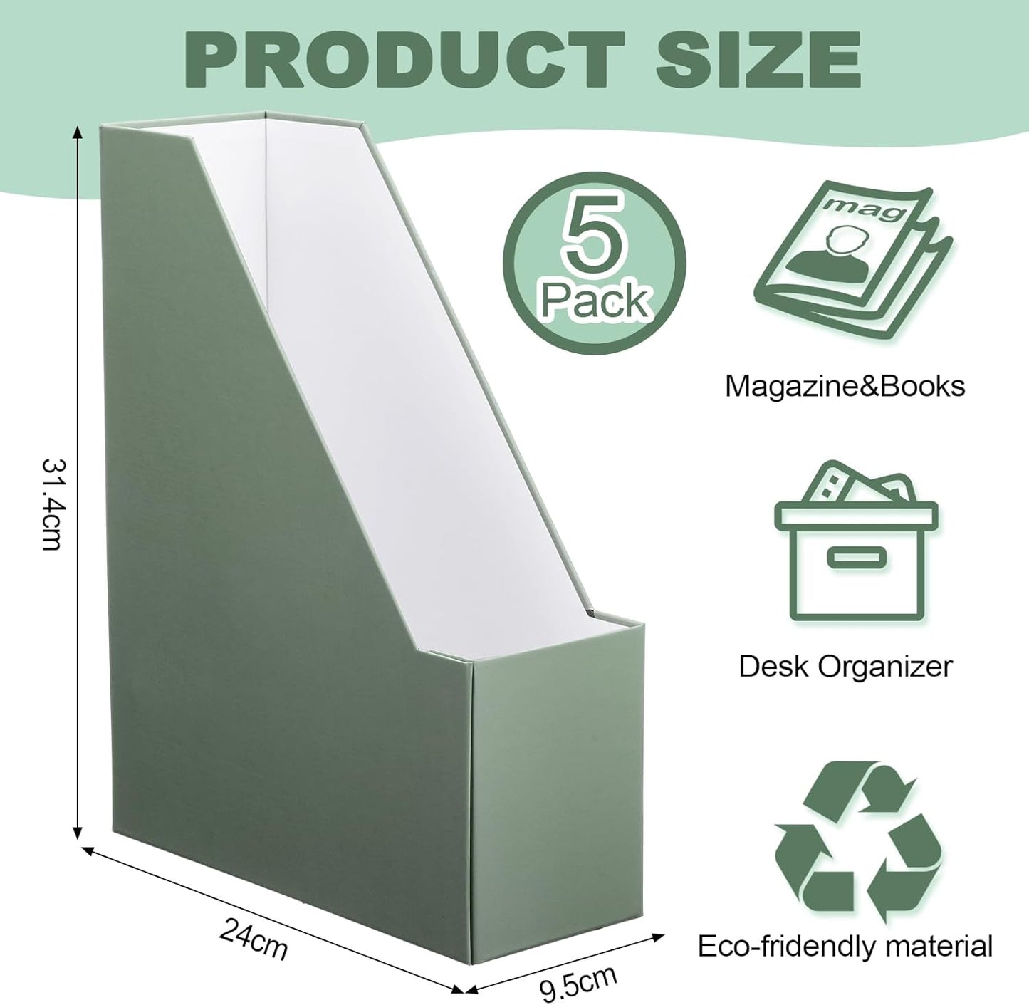 AmazingSpark 5 Pack Magazine File Holder Office Desk Storage Holder Set Vertical Desk Cardboard Organizer for Office Home Classroom Organize Your File Magazines Paperwork Books or Binders(Sage Green)