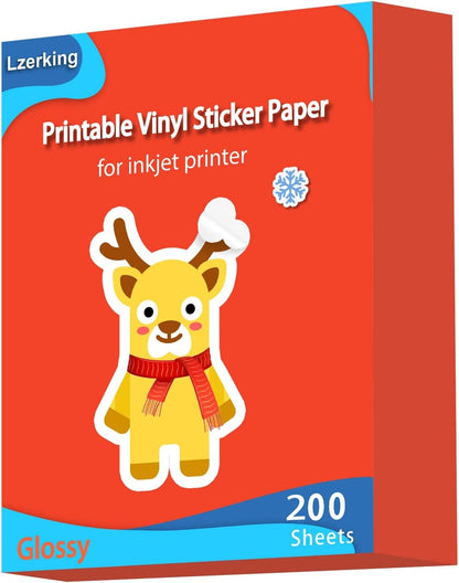 Lzerking Glossy Printable Vinyl Sticker Paper for Printer - 100 Sheets White Quick-Drying Waterproof, for Inkjet & Laser Printers, Compatible with Cricut for Small Business DIY Crafts 8.5x11in
