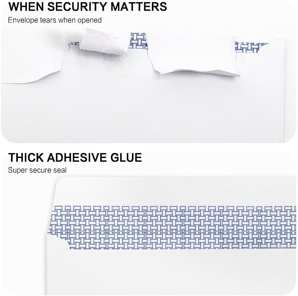 HERKKA #10 Security Self-Seal Envelopes, No.10 Windowless Bussiness Envelopes, Security Tinted with Printer Friendly Design - Size 4-1/8 x 9-1/2 Inch - White - 24 LB - 500 Pack
