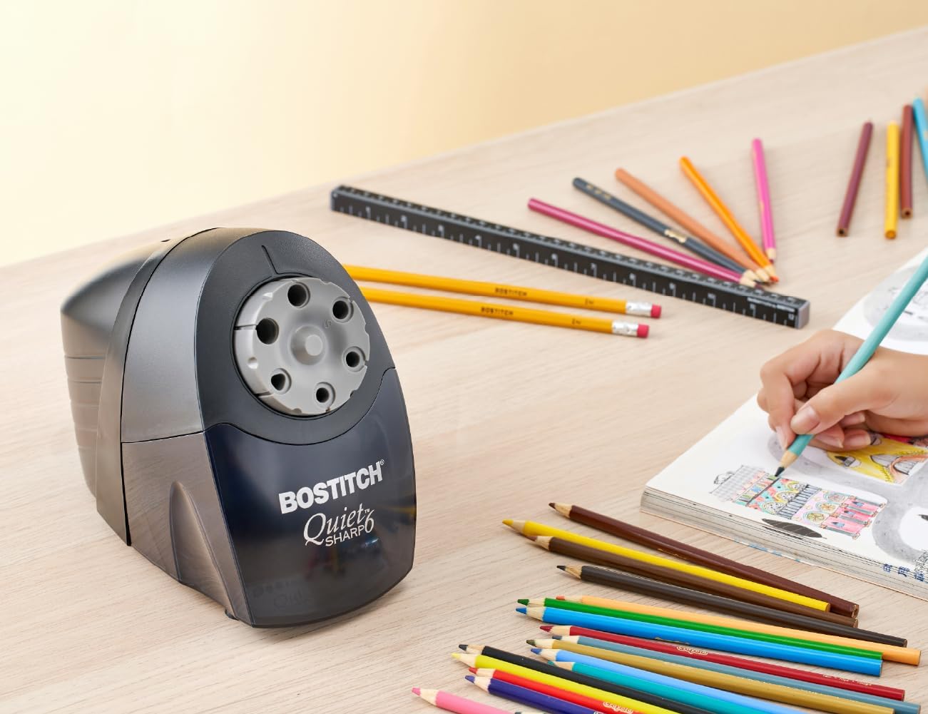 Bostitch Office QuietSharp Electric Pencil Sharpener, Heavy Duty Classroom or Office Use, Size Selector with 6 Different Sizes, Blue