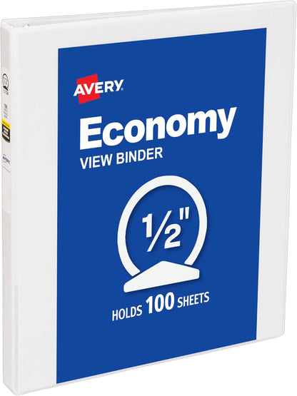 Avery Standard View 3 Ring Binder, 0.5" Round Rings, 100-Sheet Capacity, 0.7 Inch Wide Spine, 1 White Binder, Ideal for Lightweight Organization and Occasional Referencing (05750)