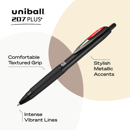 uniball 207 Plus+ Retractable Gel Pens, Medium Point (0.7mm), Black, 4 Pack