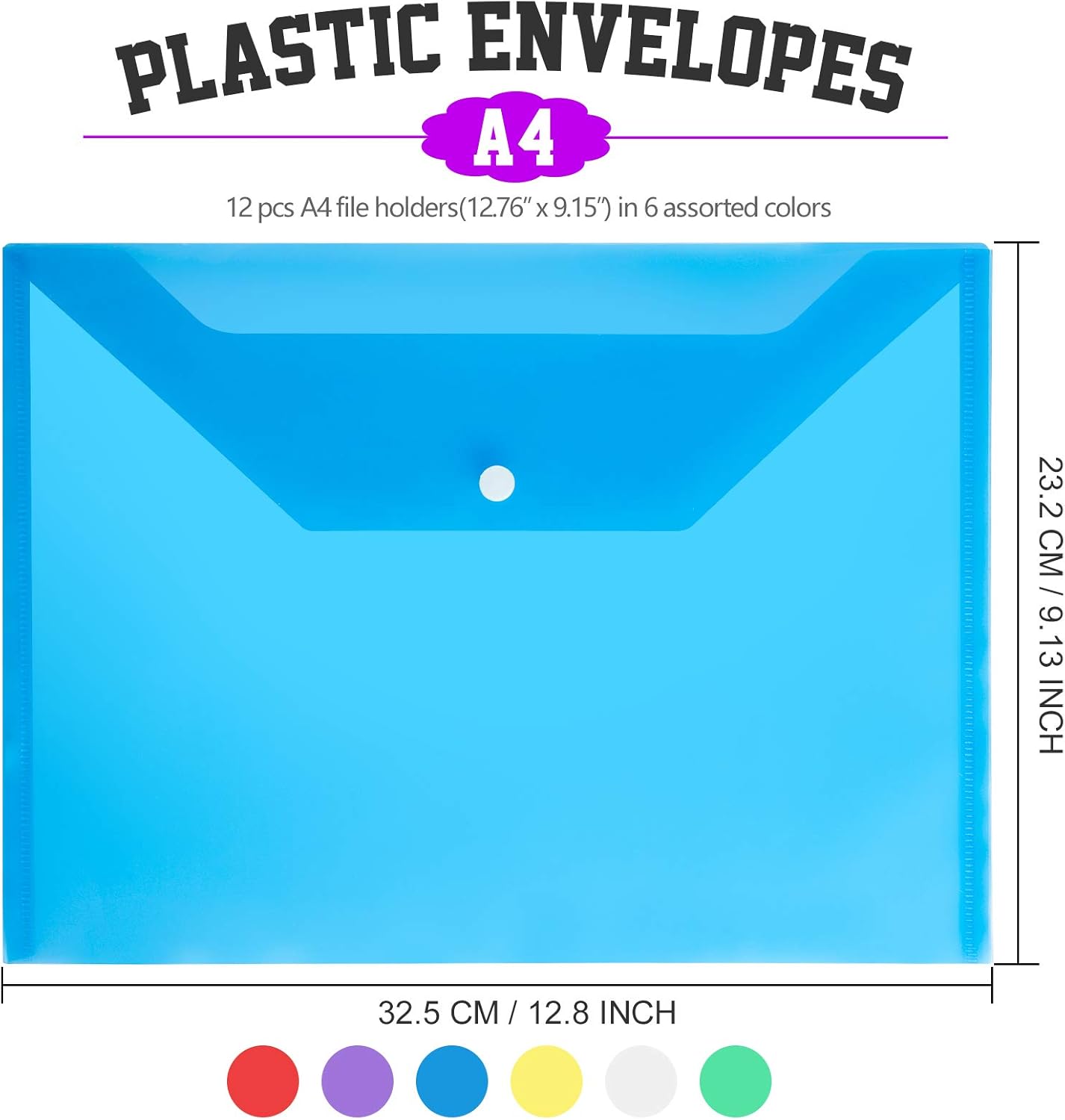 LEOBRO File Folders, 24 PCS Plastic Folders for Documents, A4 Plastic Envelopes with Snap Closure, Letter Size Clear Envelopes Folders, Reusable File Bags, Document Holder