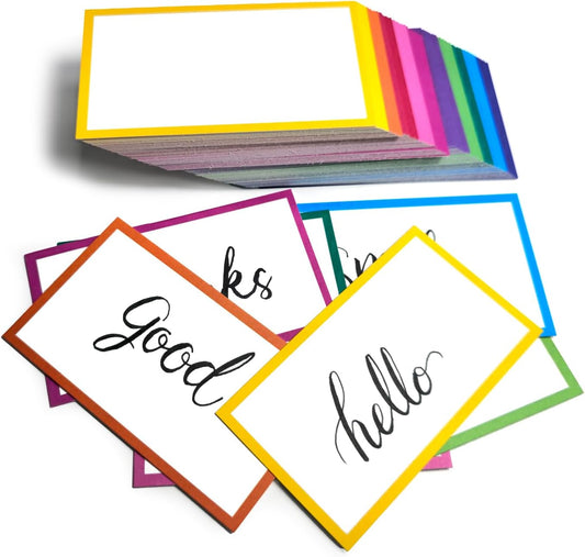 PPAPPAPIYO 3.5x2 Decorative Color Index Cards (Set of 100), 260gsm Premium White Cardstock, One-Sided Border Print, Blank Back for Notes, Flashcards, and Organizing (Multicolor)