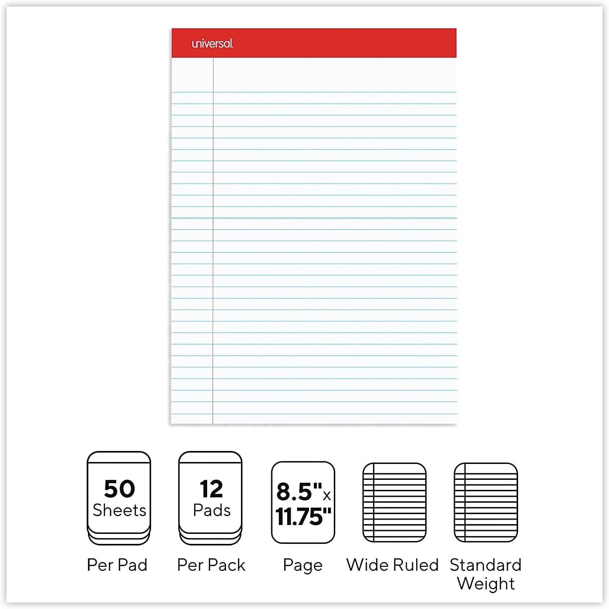 Universal 20630 Perforated Edge Writing Pad, Legal Ruled, Letter, White, 50 Sheet (Pack of 12)