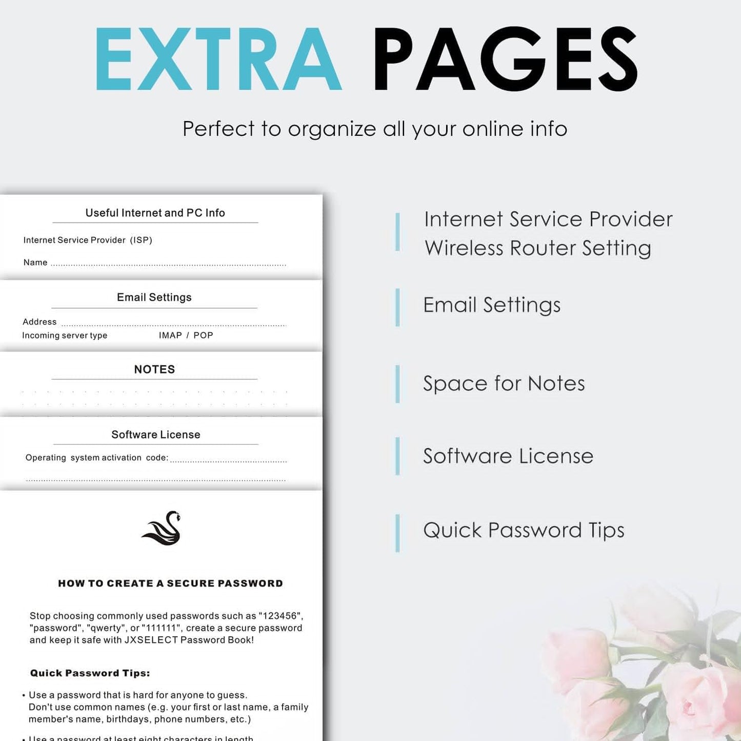 Elegant Password Book with Alphabetical Tabs - Hardcover Password Book for Internet Website Address Login - 5.2" x 7.6" Password Keeper and Organizer w/Notes Section & Back Pocket (Turquoise)