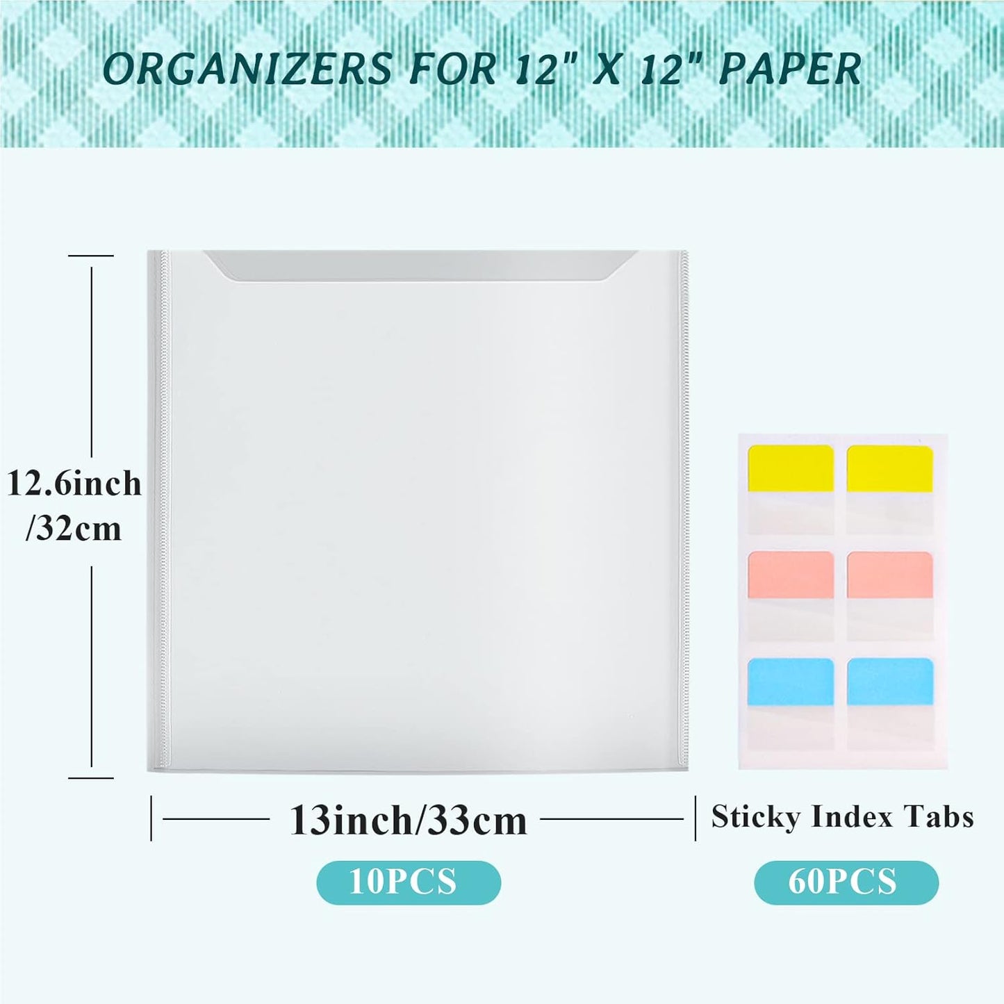Caydo Scrapbook Paper Storage Organizer with 60 Sticky Index Tabs, 10 Pack Plastic Paper Storage Bag for Holding 12 x 12 Inch Scrapbooking Cardstock Vinyl File
