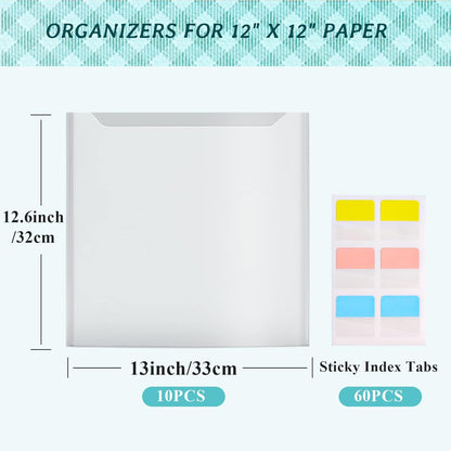 Caydo Scrapbook Paper Storage Organizer with 60 Sticky Index Tabs, 10 Pack Plastic Paper Storage Bag for Holding 12 x 12 Inch Scrapbooking Cardstock Vinyl File