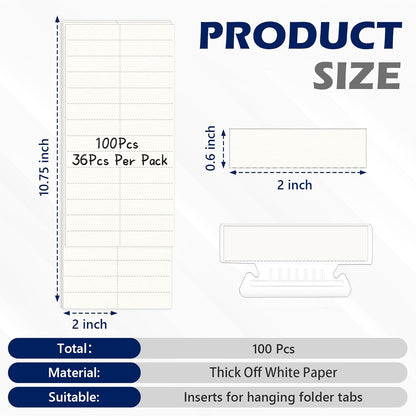 100 Pcs Hanging File Folder Paper Inserts 3-1/2 Inch Off White Blank File Tab Inserts Thick Cardstock for Hanging Folder (3.5×0.6 inch)(No Tab Included)