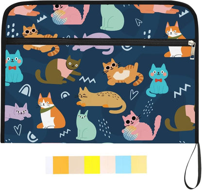 WEBEEDY Cartoon Cat Expanding File Folder 13 Pockets Cute Cat Accordion File Organizer with Labels and Zipper, Waterproof Portable Document Organiser for A4 Paper Photo Letter Receipt Paperwork