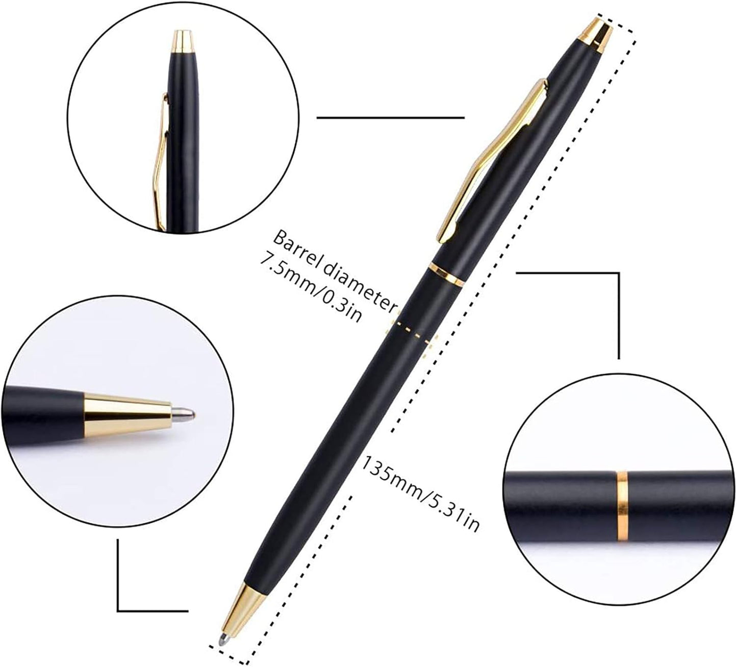 Cambond Slim Ballpoint Pens Bulk - Black Ink 1.0mm Medium Point Retractable Metal Pen for Police Uniform, Flight Attendant & Office, 10 Pack (Black Barrel)