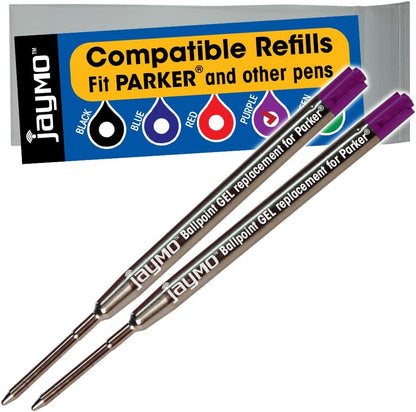 Jaymo Replacement for Parker 30525PP/30526PP and Bastion - Measures 3.875 in / 98 mm Long - G2 Gel Ballpoint Pen Refill - 2 Black + 2 Blue + Red + Purple