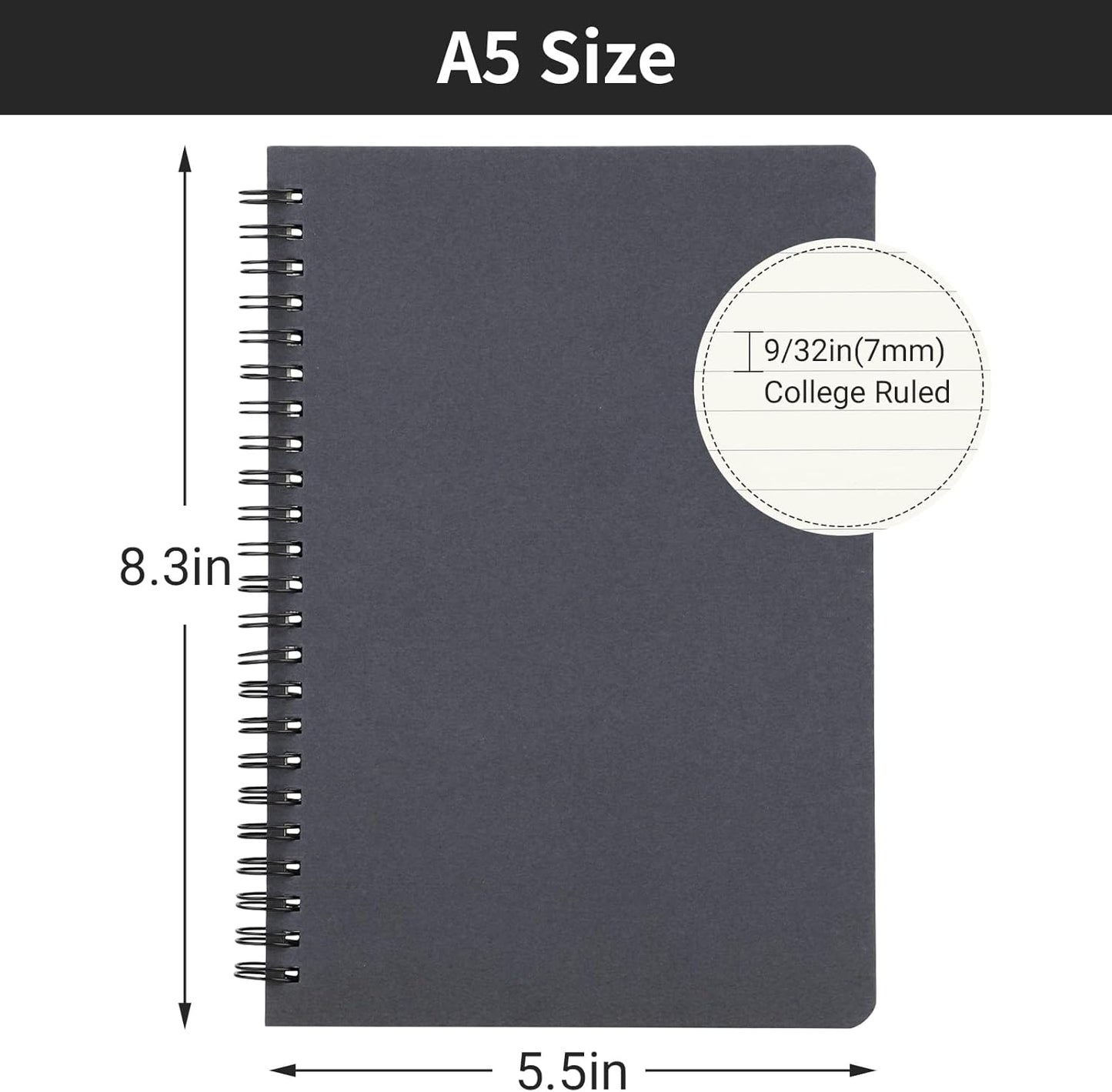 EUSOAR Spiral Notebook, A5 12packs 5.5"X8.3" 120 Pages Lined Travel Writing Notebooks Journal, Memo Notepad Sketchbook, Students College Office Business Subject Diary Ruled Book Journal-Black Cover