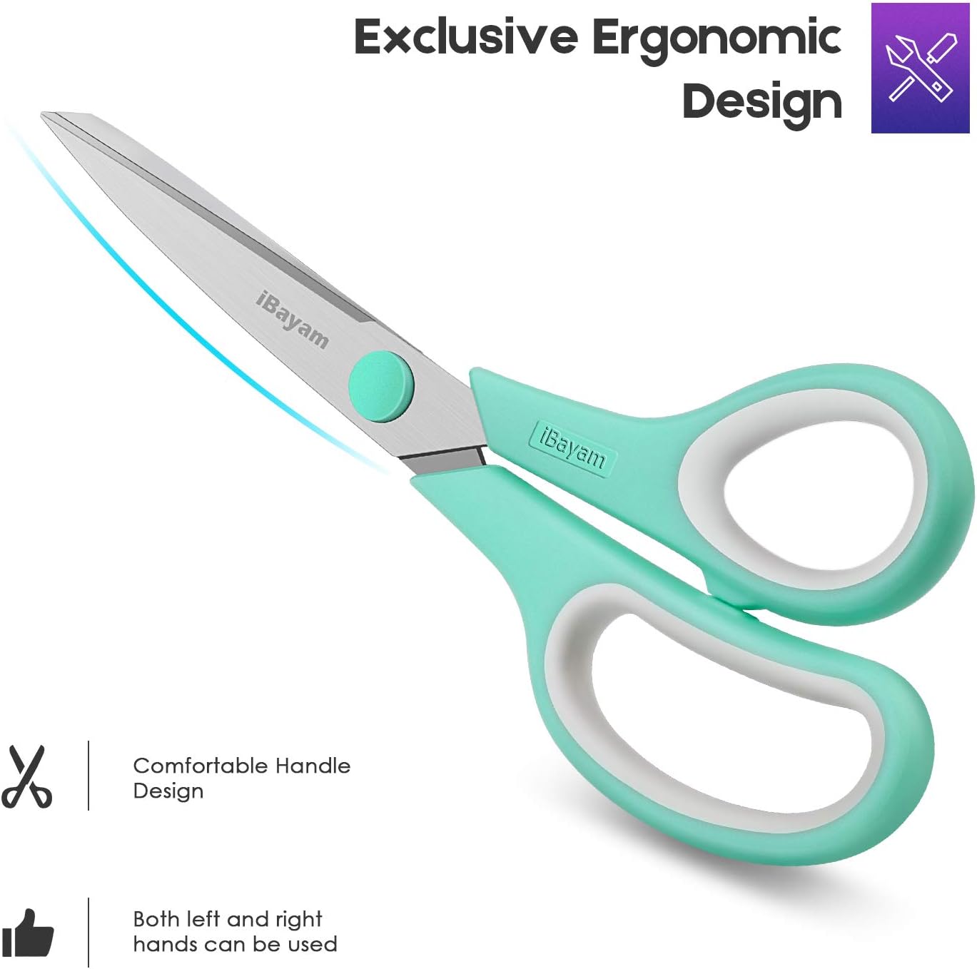 Scissors, iBayam 8" All Purpose Scissors Bulk 3-Pack, Ultra Sharp 2.5mm Thick Blade Shears Comfort-Grip for Aesthetic Fun Cute School Office Teacher Desk Crafts and Art Supplies Accessories Essential