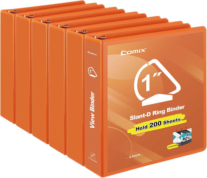 COMIX Sturdy 1 Inch Binders 3 Ring with Clear View Cover, 1" Slant-D Ring View Binder Holds 225 Sheets of US Letter Size Paper, 6 Pack (Green)