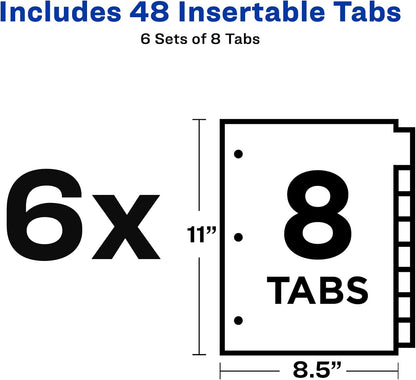 Avery Big Tab Insertable Dividers for 3 Ring Binders, 8-Tab Sets, White Paper, Clear Tabs, 6 Binder Divider Sets (41124)