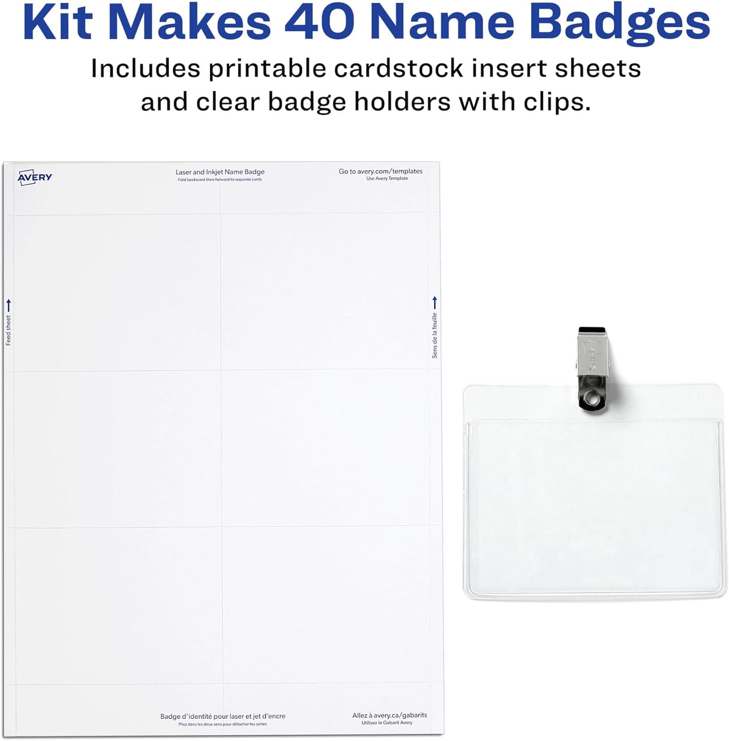 Avery Customizable Name Badges, Clip Style, 3" x 4", Clear Name Tag Holders, White Laser/Inkjet Printable Inserts, 100 Total (74541)