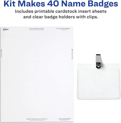 Avery Customizable Name Badges, Clip Style, 3" x 4", Clear Name Tag Holders, White Laser/Inkjet Printable Inserts, 100 Total (74541)