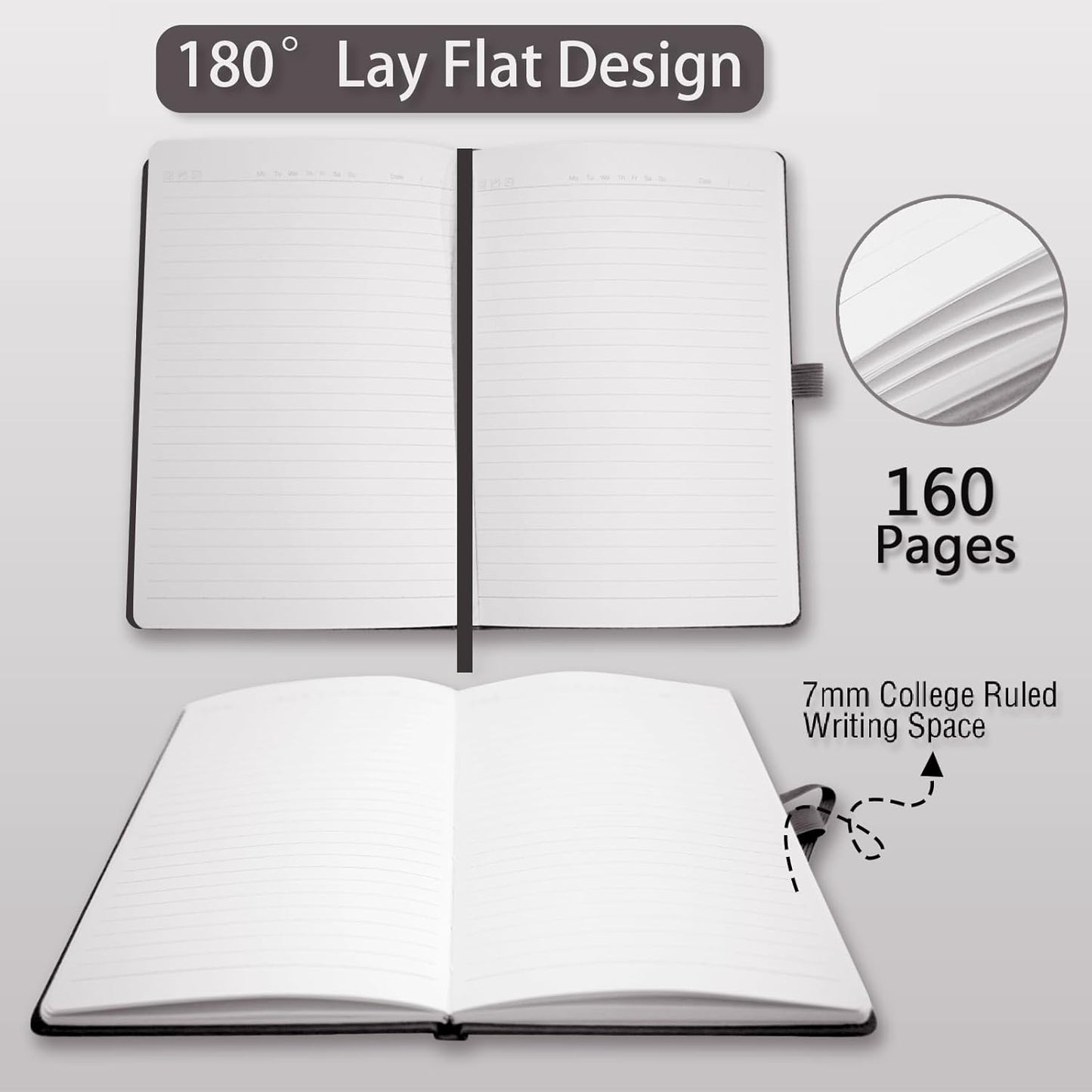 Heture 8 Pack Lined Journal Notebooks,A5 Hardcover Notebooks, 5.5 x 8.3 inch, 100GSM, 160 Pages, Classic College Ruled Notebooks for Writing/Work/Travel/College (Black)