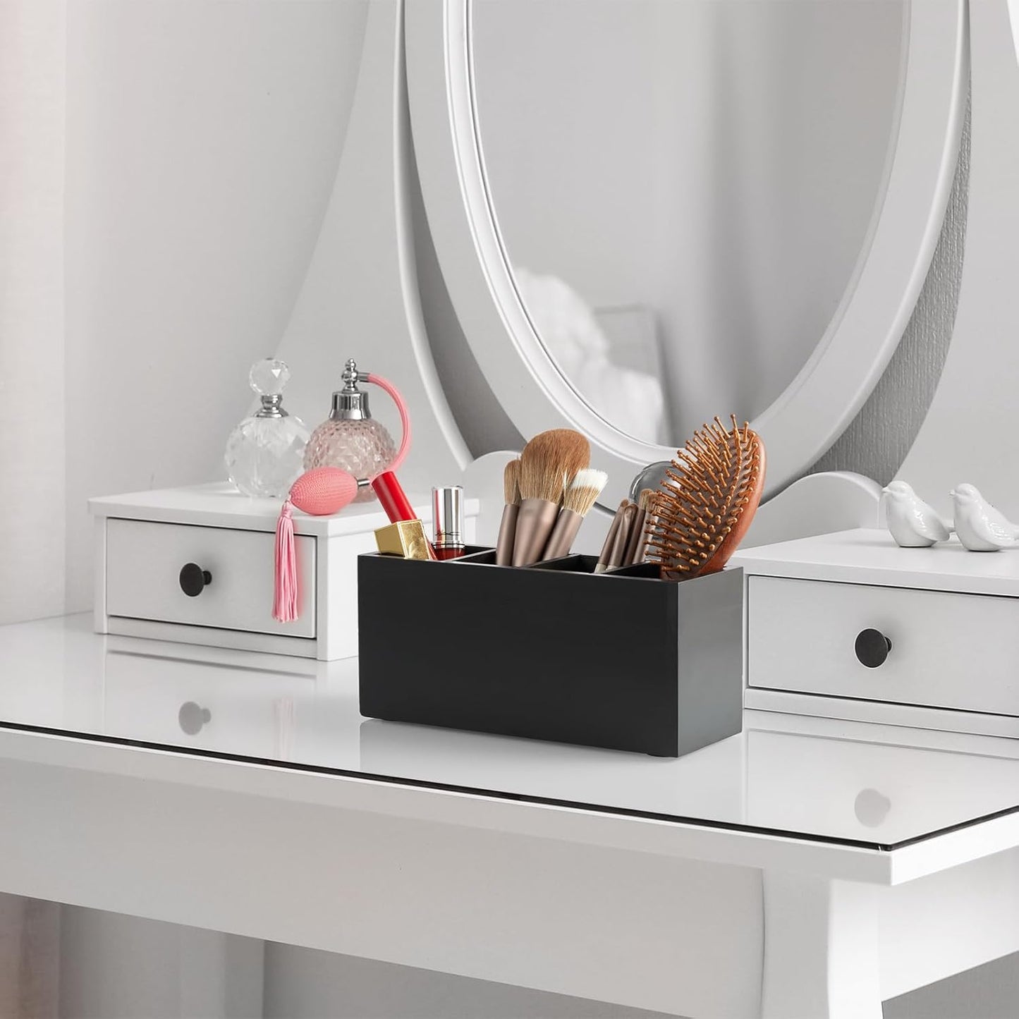 Bivvclaz Pencil Pen Holder for Desk, Wooden Office Desk Organizers and Accessories with 4 Slots for Countertop, Makeup Brush Holder Organizer for Bathroom Vanity, Silverware Caddy for Party, White
