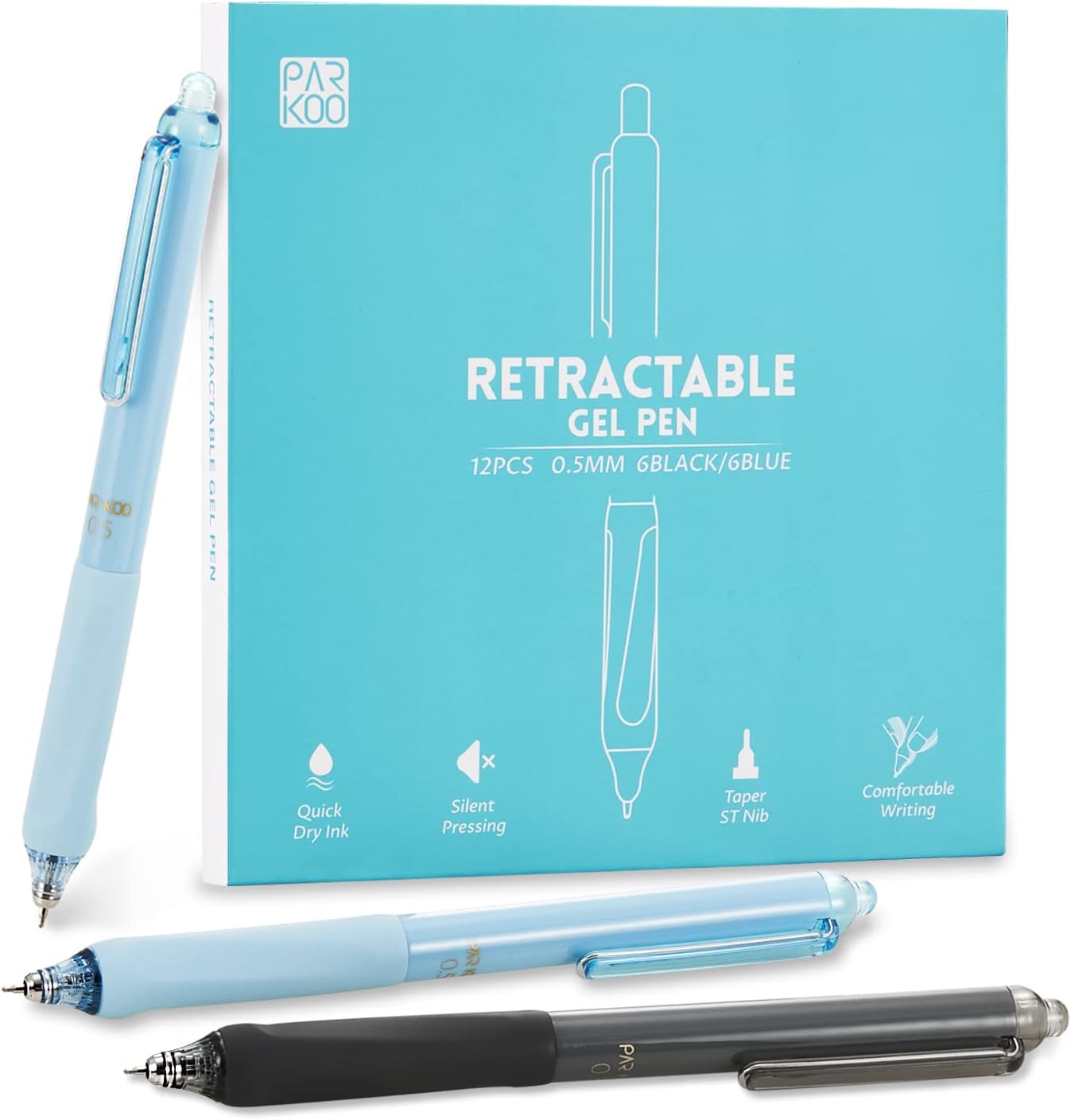 ParKoo Gel Pens Quick Dry Ink Fine Point 0.5mm, Retractable Rolling Ball 6 Black/6 Blue Ink Pen, Click Silent Pens Set for Journaling Notetaking Drawing Sketching Smooth Writing Non Bleed 12pcs