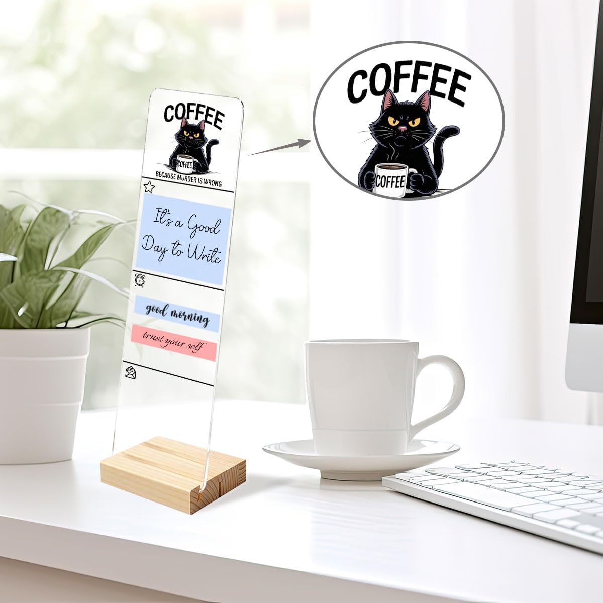 Sticky Notes Monitor Memo Board Acrylic Note Holder with Removable Wooden Base, Everything is Fine Logo Desk Set Includes 200 Sheets Two Sizes Sticky Notes, Office Desk Accessories Organizer