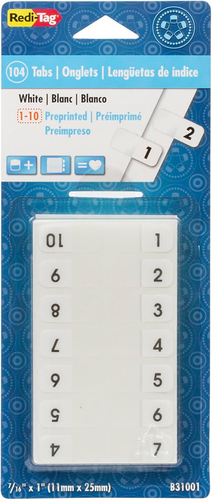 Redi-Tag Numbered Tabs, 11-20 Pre-Printed Divider Tabs, Permanent Adhesive Index Labels, 7/16" x 1", 104 Tabs Per Pack, (B31002)