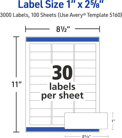 Avery Easy Peel Printable Address Labels with Sure Feed, 1" x 2-5/8" Customizable Stickers, White, 7,500 Blank Mailing Labels, Great for Mailing, Shipping, and More (45160)
