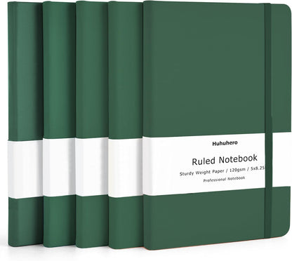 Huhuhero 5 Pack Lined Journal Notebooks, Hardcover Notebook for Work School Office, 5"×8.25", 120Gsm Thick Ruled Writing Journals for Note Taking Business, Black