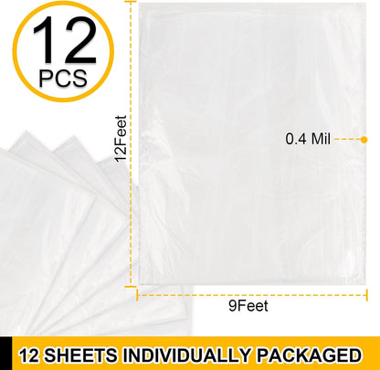 12 Pack Plastic Drop Cloth, 9x12 Ft Plastic Sheeting for Painting, Dust-Proof Tear-Resistant Painters Plastics Tarp Cloth for Furniture Floor Sofa Protector Cover Durable & Thick