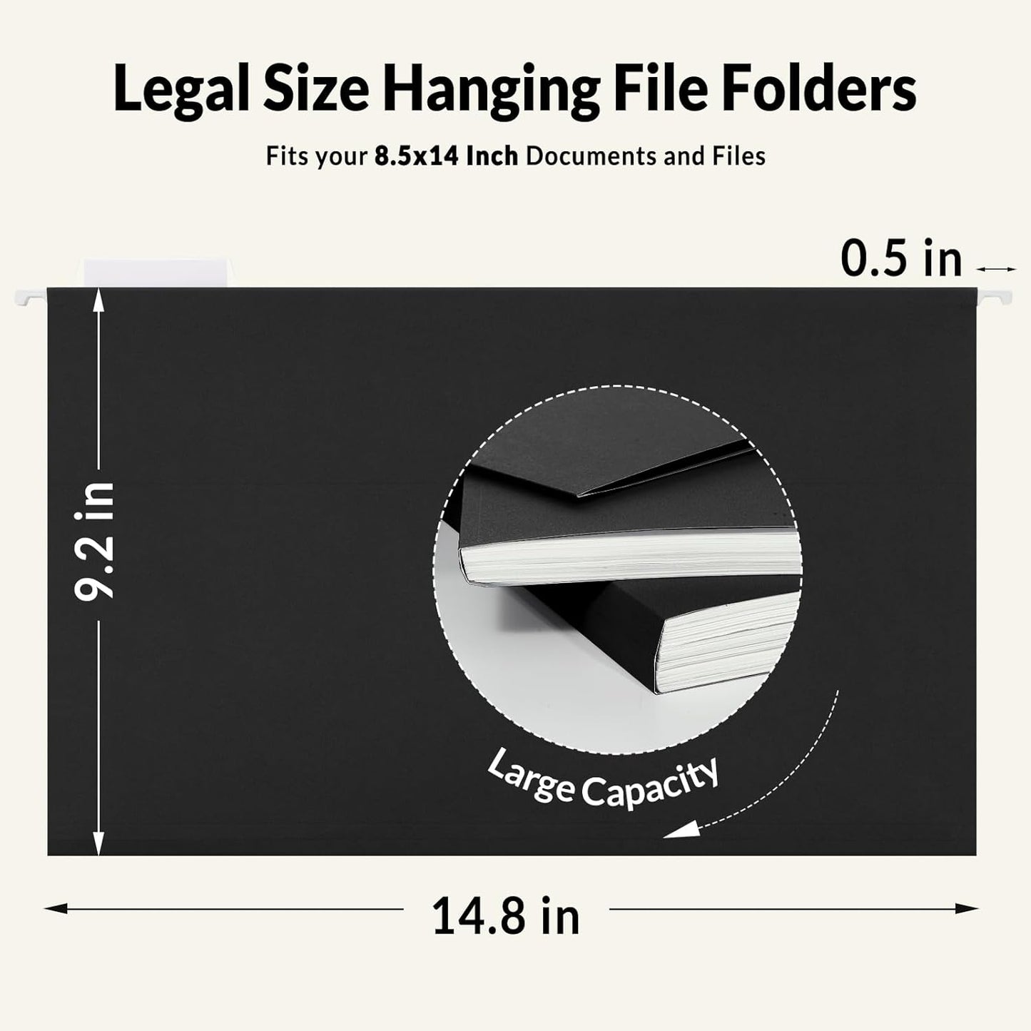 SUNEE Hanging File Folders Legal Size, Black File Folders 25 Pack 1/5-Cut Tabs, Stay Organized for Your Home and Office Bulk File and Documents