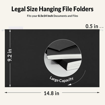 SUNEE Hanging File Folders Legal Size, Black File Folders 25 Pack 1/5-Cut Tabs, Stay Organized for Your Home and Office Bulk File and Documents