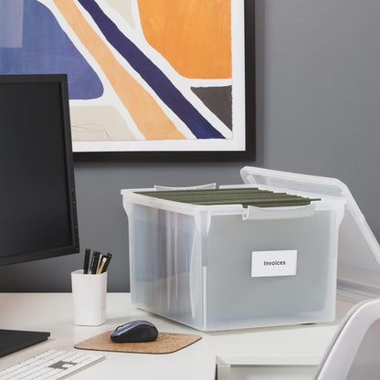 STAPLES Plastic File Box with Snap Lid, Letter/Legal Size, Clear, 4/Carton