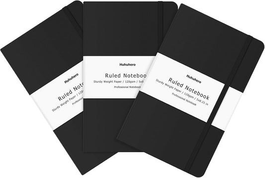 Huhuhero 5 Pack Lined Journal Notebooks, Hardcover Notebook for Work School Office, 5"×8.25", 120Gsm Thick Ruled Writing Journals for Note Taking Business, Black
