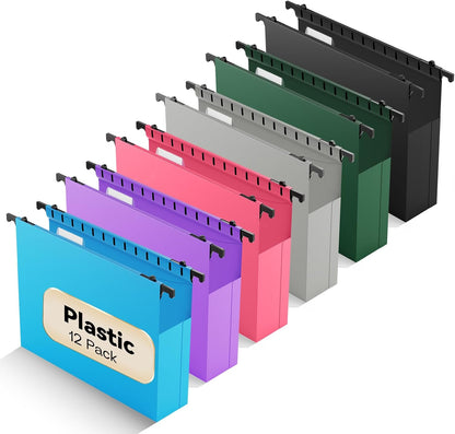 Plastic Extra Capacity Hanging File Folder Letter Size,12 Pack Reinforced Expandable Hanging Folders,Heavy Duty 2 Inch Expansion,Adjustable Tabs,Hanging Organizer Designed for Bulky Files(Gray)