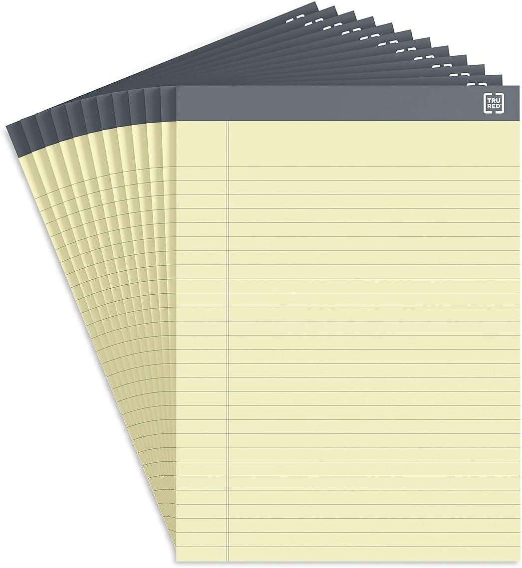 TRU RED Notepads, 8.5” x 11.75”, Wide Ruled, Canary, 50 Sheets/Pad, 12‑Pack