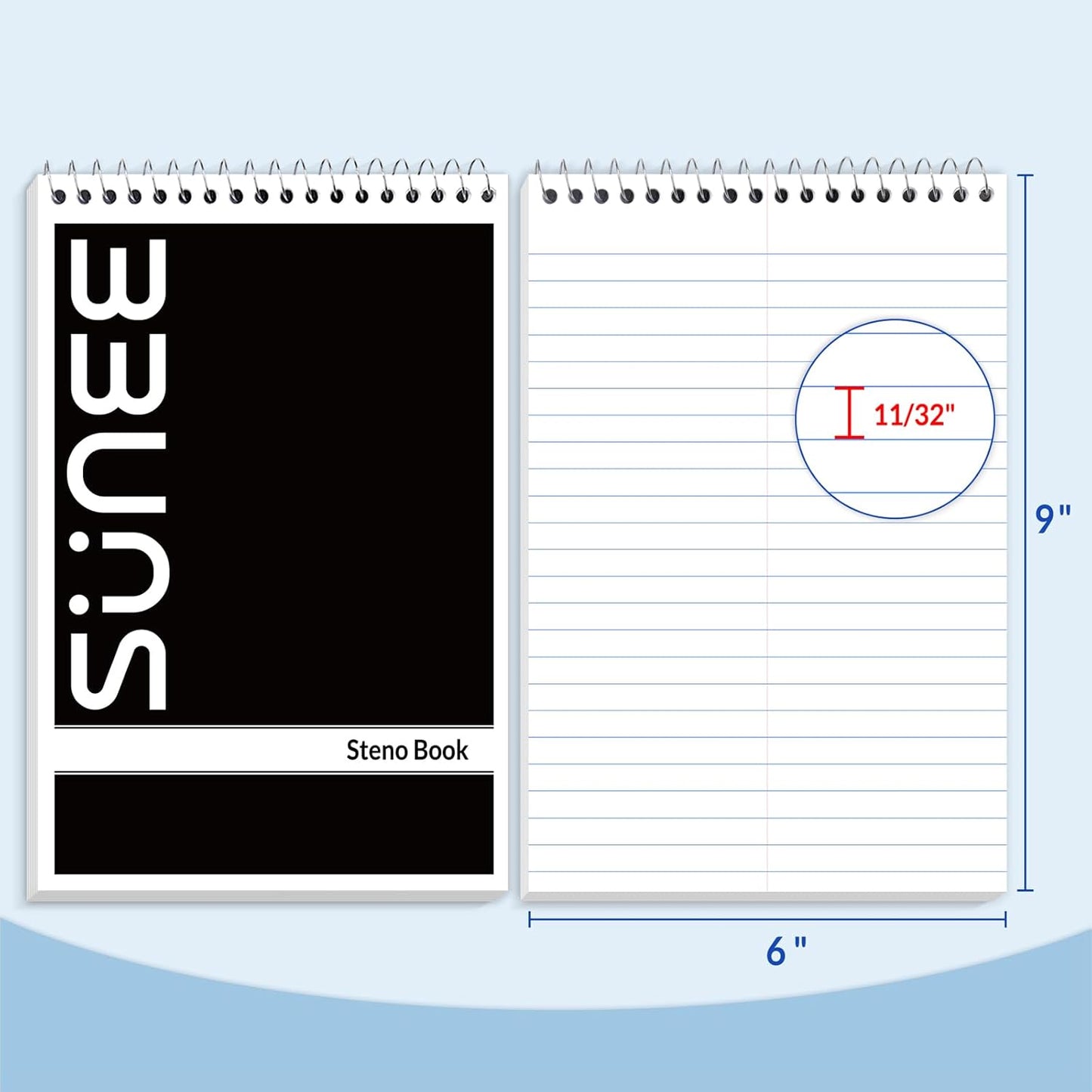 SUNEE 10 Pack Steno Pads 6x9, Gregg Rule, 60 Sheets, Spiral Notebook 6x9, White Paper, Take Notes with Top Spiral Notebook, for School, University, College, Work, Office, Classic Color