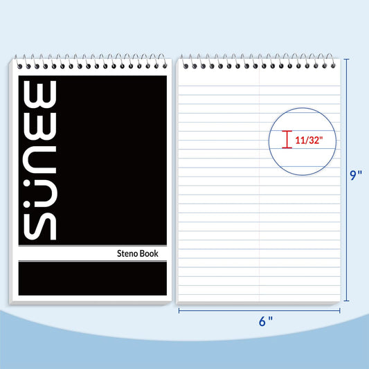SUNEE 10 Pack Steno Pads 6x9, Gregg Rule, 60 Sheets, Spiral Notebook 6x9, White Paper, Take Notes with Top Spiral Notebook, for School, University, College, Work, Office, Classic Color