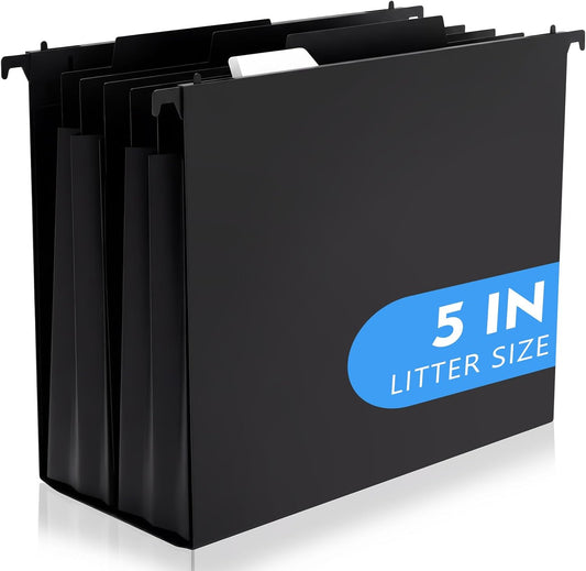 5 Pcs Plastic Extra Capacity Hanging File Folders, 5 Inch Expanding Pocket with Movable Dividers, Letter Size Black File Folders with Insertable Tabs for Filing Cabinet