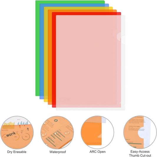 ViVin 36 Pack Plastic Clear Document Folders, L-Type Plastic 8.5x11 File Sleeves for Document Protection, Transparent Reusable A4 Project Pockets for School, Office, Home(6 Assorted Colors)