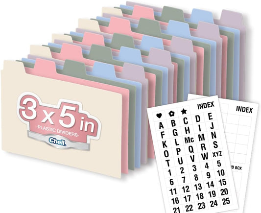 Chell 3x5 Plastic Index Card Dividers, Morandi Colors, Heavyweight Poly Index Card Guides A-Z, with Alphabetical/Blank Stickers, Pack of 25