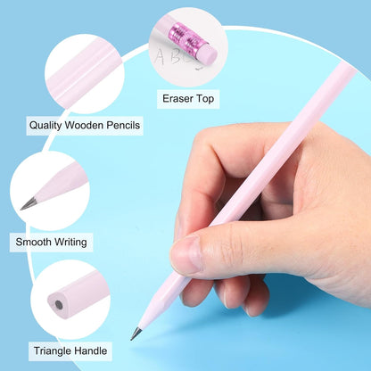 PATIKIL Round Pencils, 12 Pack Triangle HB Graphite Pencil Woodcase Wooden Pencils with Eraser for Classroom Office Writing Drawing Supplies, Pink