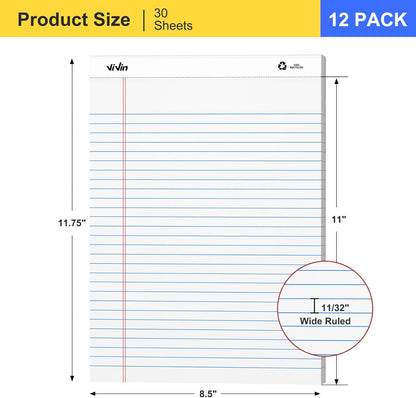 ViVin Legal Pads 8.5 x 11 Inch, Wide Ruled Note Pads, 12 Pack, 50 Sheet/Pad, Perforated Writing Pads, Notepads for Office Home School, 600 Sheets, White Paper
