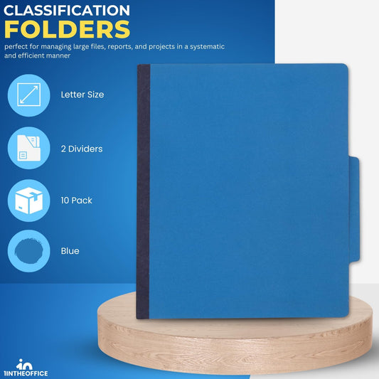 1InTheOffice Pressboard Classification Folders, 1 Divider, Letter Size, 4 Fasteners, Blue, 10 Pack